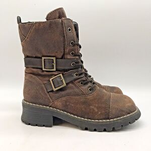 Vintage 90s Y2K Mudd Popcorn Faux Leather Chunky Boots 7.5M Brown Buckle Combat
